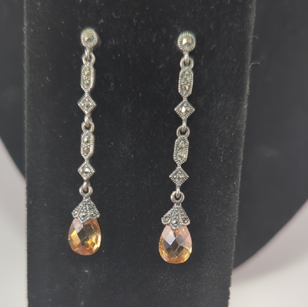 Stunning Silver, Marcasite and Gold Swarovski Crystal Drop Earrings
